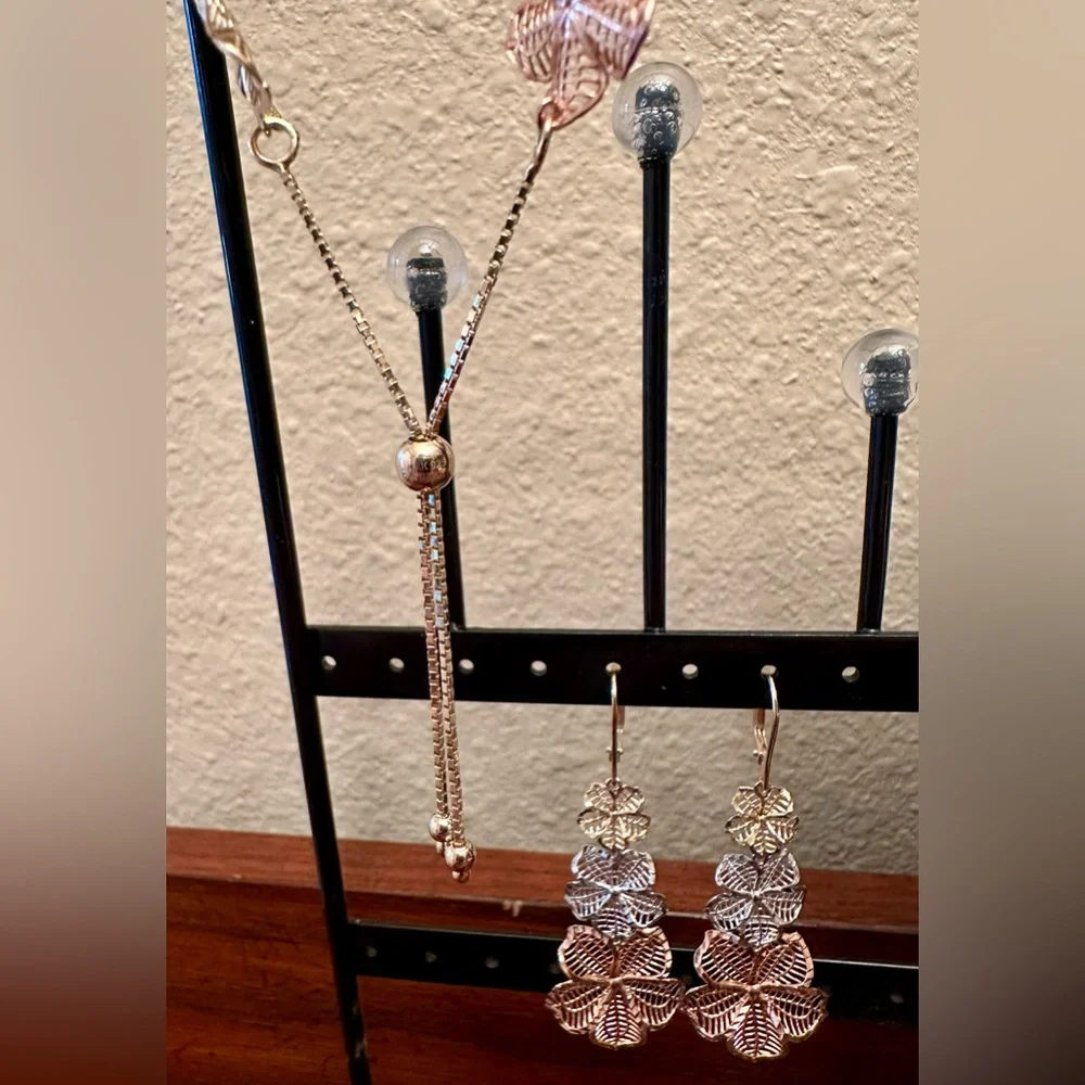 ⭐ AK 925 Turkey Sterling Silver Tri-Tone Leaf Bracelet & Earrings Set - Picture 3 of 6